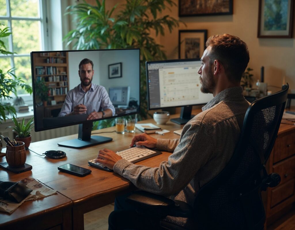 Ein Mann im Homeoffice hat eine Videokonferenz mit BigBlueButton aus seinem Moodle-System.