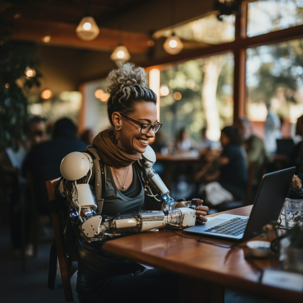 Dekorativ. Frau mit Armprothese sitzt vor einem Laptop in einem Café.