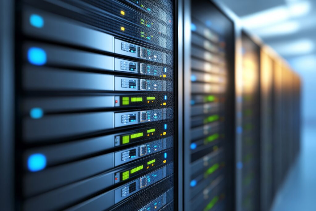 Bild von mehreren Servern im Serverraum. eLeDia’s DSGVO-konformes Hosting in einem ISO-27001-zertifizierten Rechenzentrum in Deutschland.
