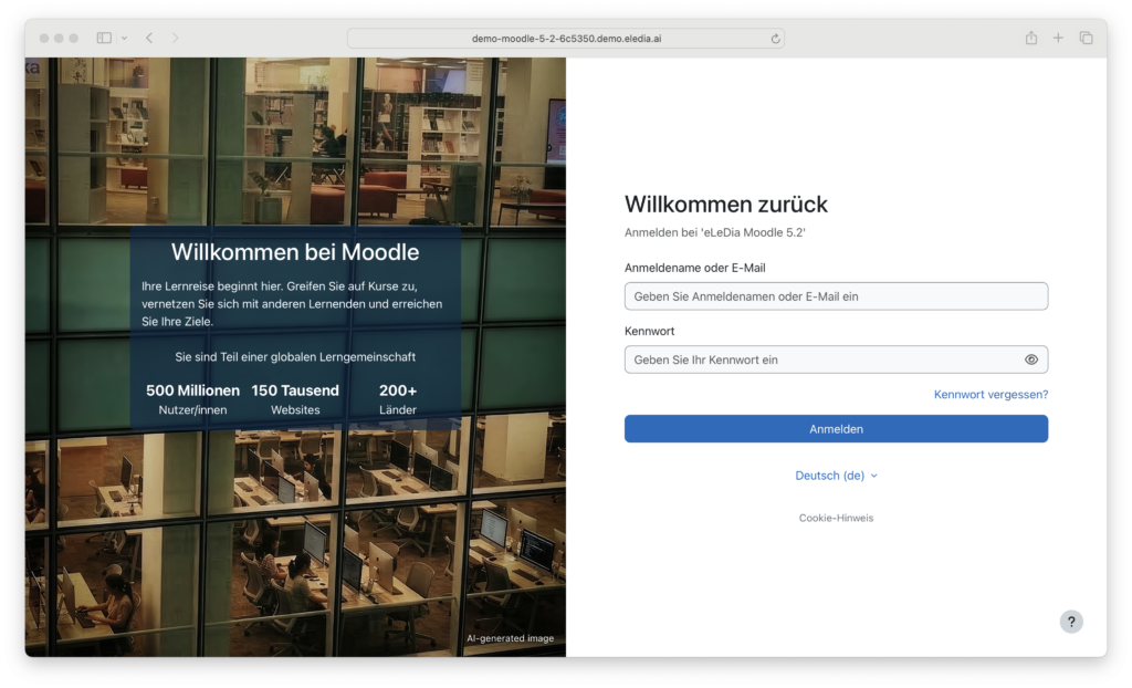 Die neu gestaltete Anmeldeseite in Moodle 5.2.