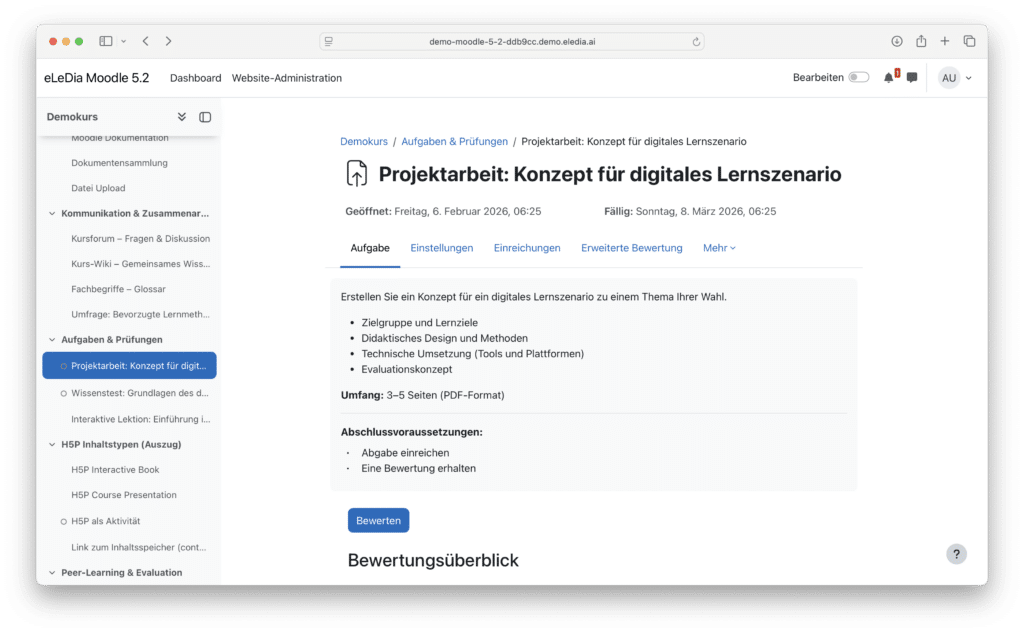 Überarbeitete Aufgabenseite in Moodle 5.2