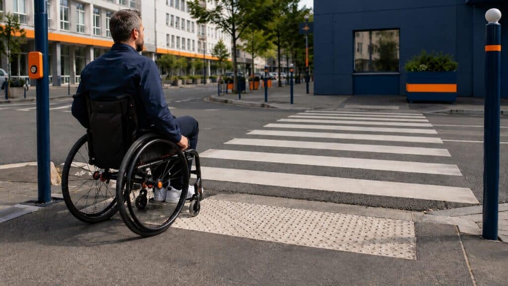Eine Person im Rollstuhl überquert auf einem abgesenkten Bordstein einen markierten Fußgängerüberweg in einer ruhigen Stadtstraße.