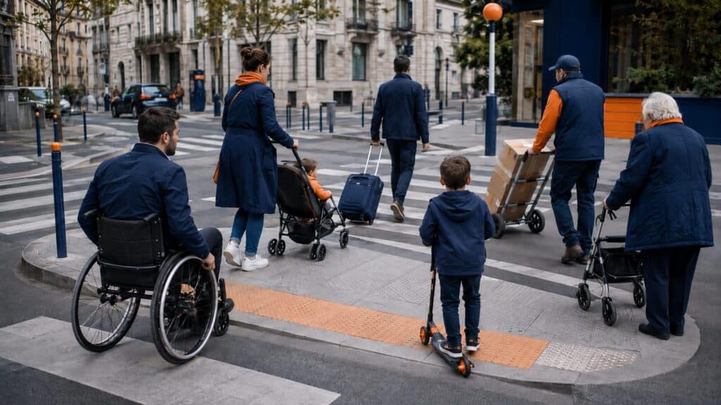 Mehrere Menschen überqueren gleichzeitig eine Straße über einen abgesenkten Bordstein: eine Person im Rollstuhl, ein Elternteil mit Kinderwagen, ein Kind auf einem Roller und eine ältere Person mit Rollator. Bildunterschrift: Der Curb Cut Effect in einem Bild: Was für Rollstuhlfahrende gebaut wurde, nutzen heute alle. Genau dieses Muster gilt auch im Digitalen.