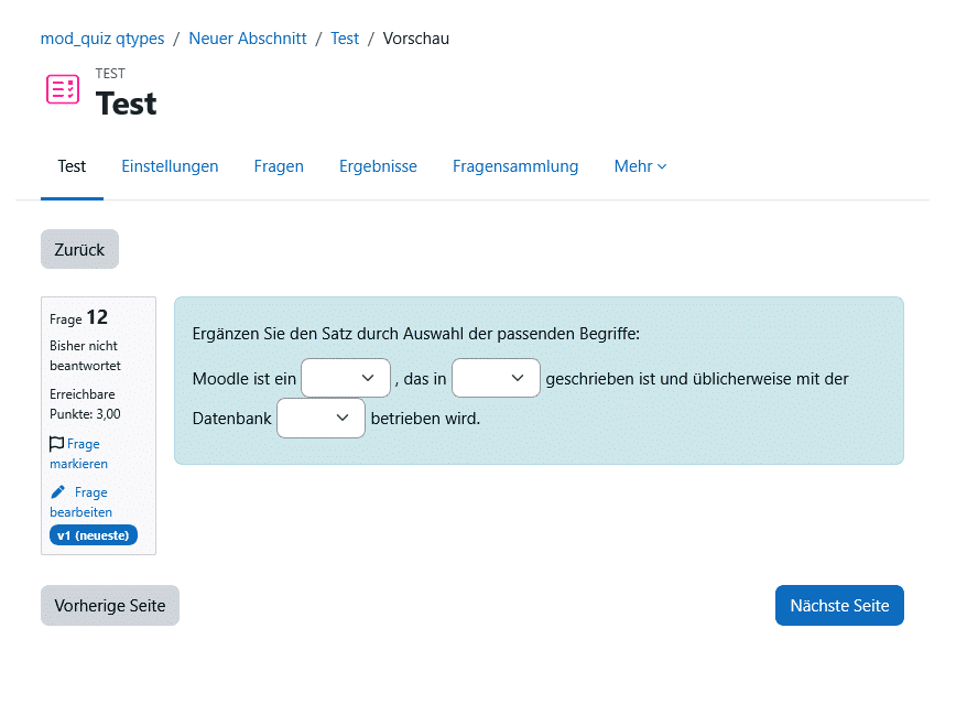 Fragentypen Moodle: Beispiel Lückentextauswahl
