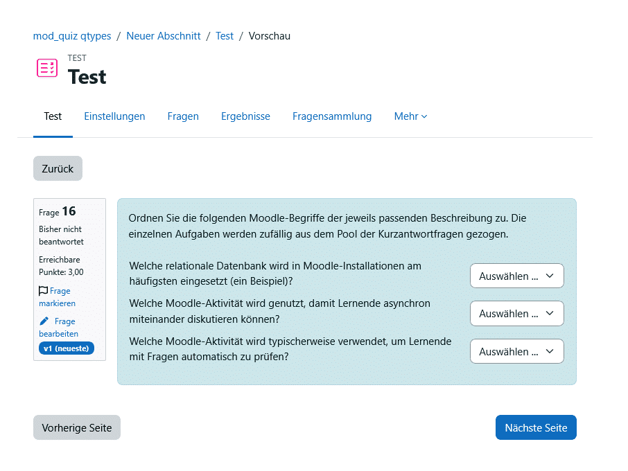Fragetypen Moodle: Beispiel Zufällige Kurzantwortzuordnung