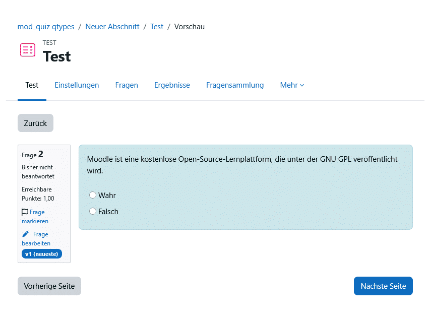 Fragetypen Moodle: Beispiel Wahr/Falsch