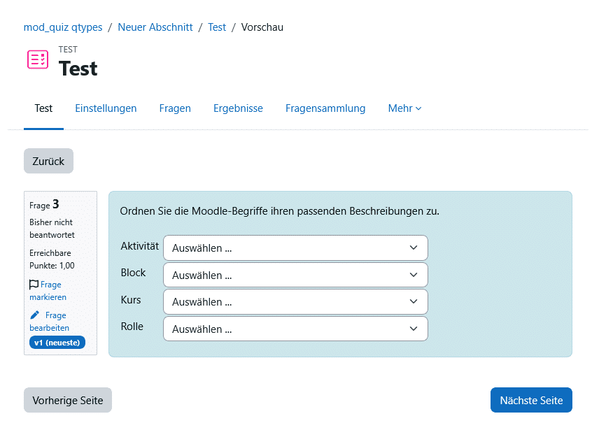 Fragetypen Moodle: Beispiel Zuordnung (Matching)