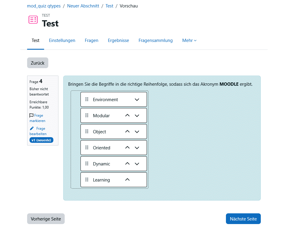 Fragetypen Moodle: Beispiel Anordnung