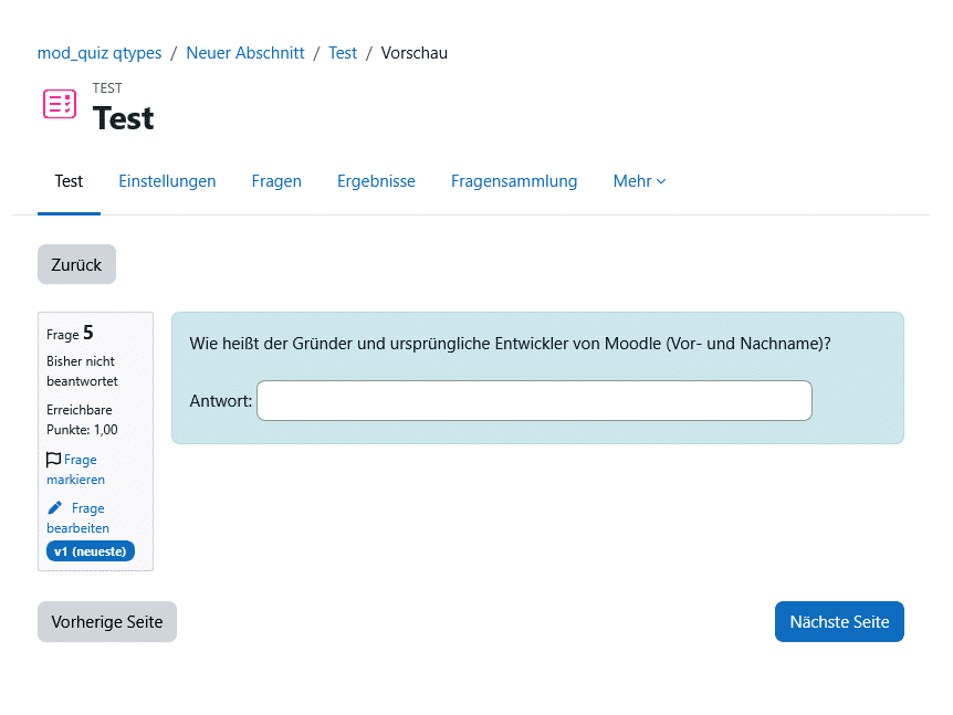 Fragetypen Moodle: Beispiel Kurzantwort