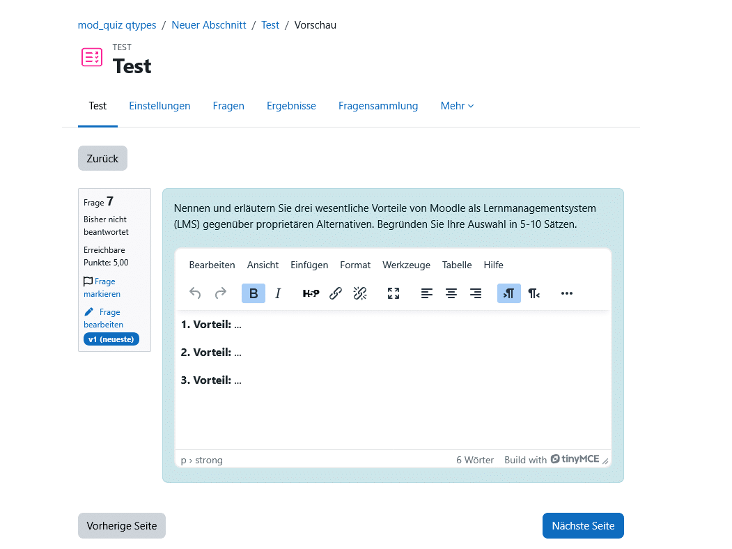 Fragentypen Moodle: Beispiel Freitext (Essay)