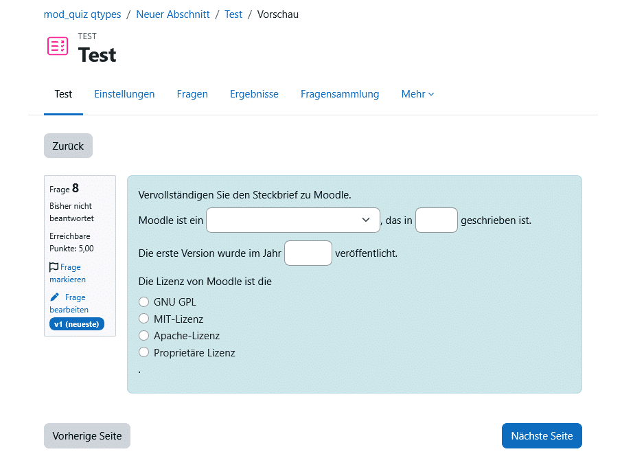 Fragentypen in Moodle: Beispiel Lückentext / Cloze (Eingebettete Antworten)
