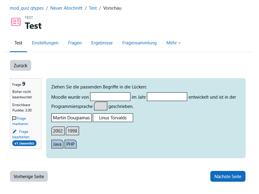 Fragetypen Moodle: Drag-and-Drop auf Text, Beispiel